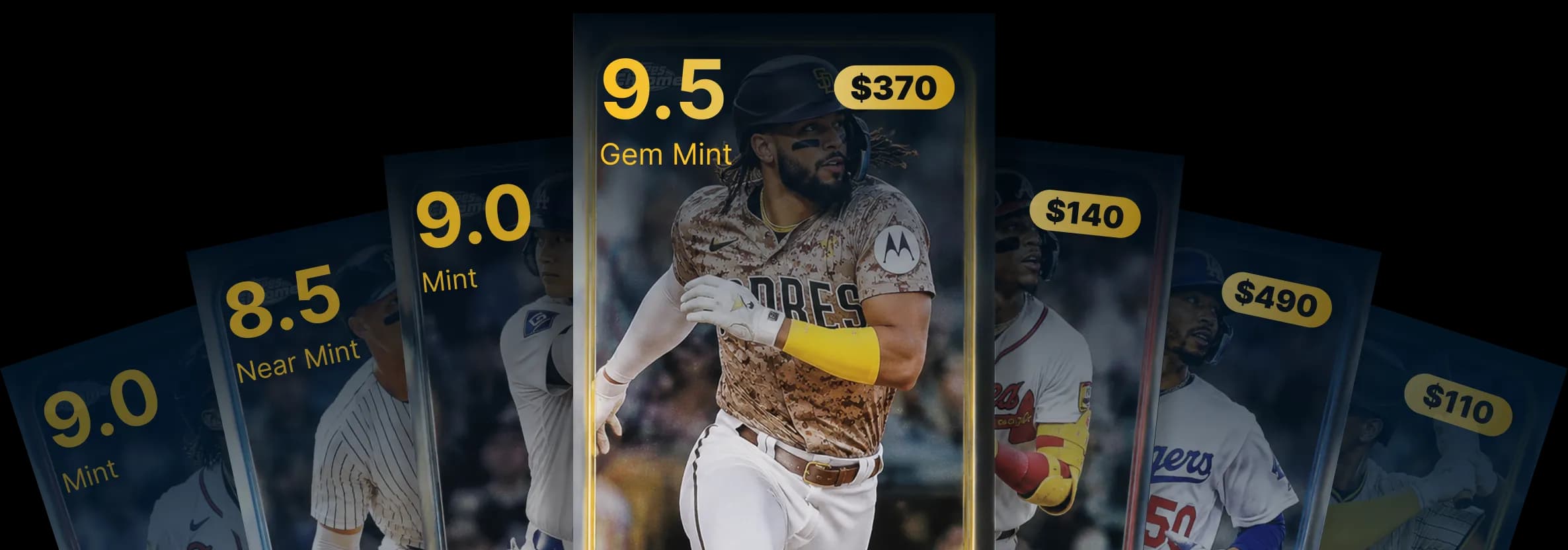 Graded trading cards fan showing estimated grades and values